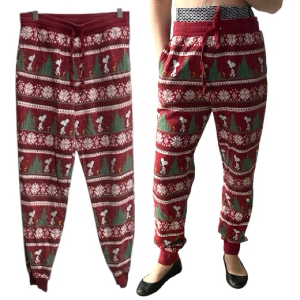 American Eagle x Peanuts Red Snoopy Christmas Jogger Sweat Pants M Fair Isle - Picture 1 of 11